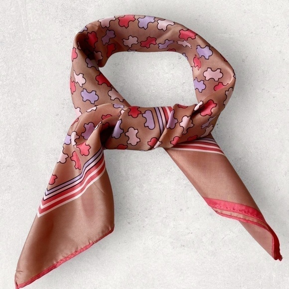 Vintage 70s Scarf Neckerchief 27” Square Puzzle Pieces Pink Lilac Tan - Picture 5 of 12